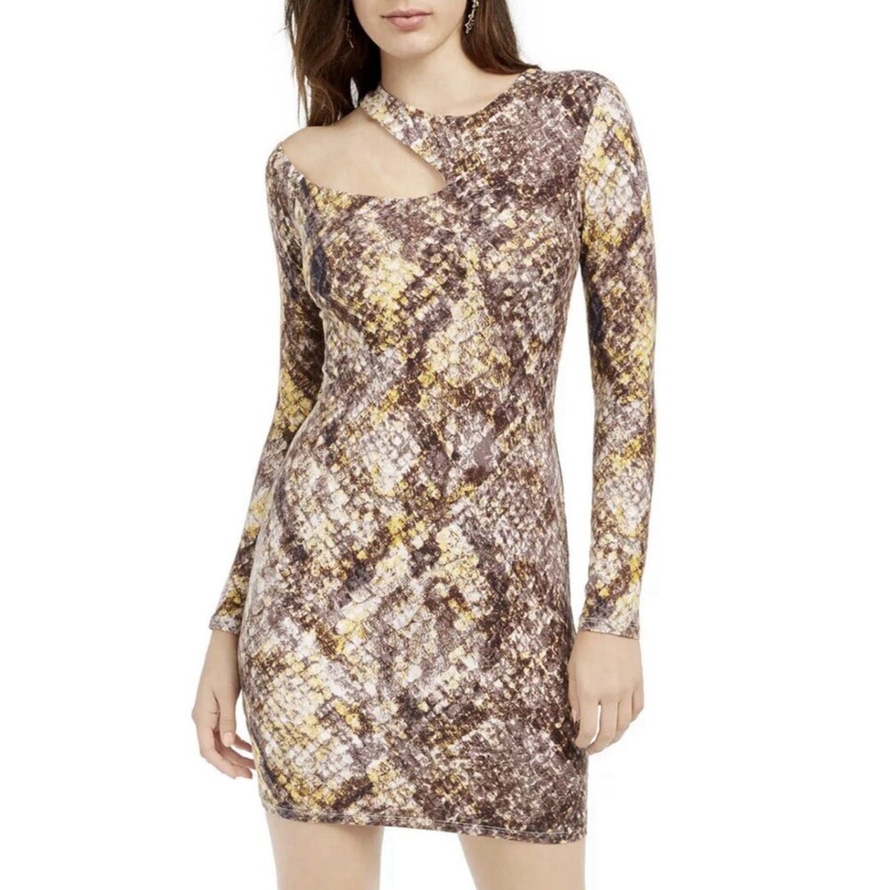 GUESS LS Shasti Dress Octane Snake Print Natural Cut Out Shoulder Bodycon Size M